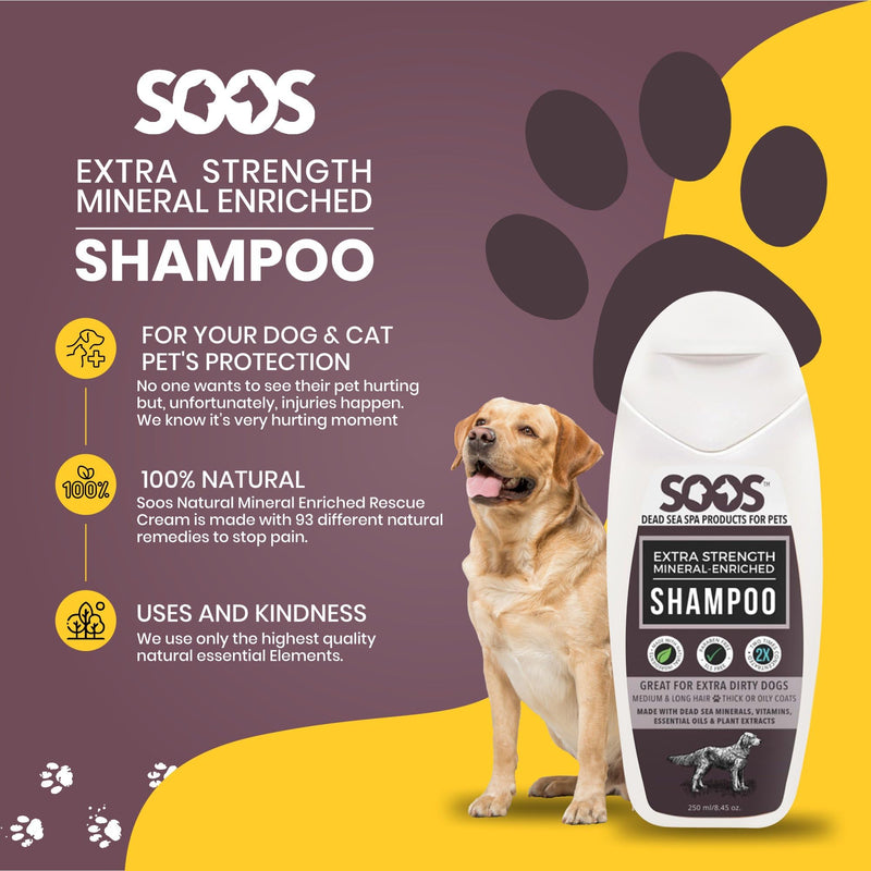 Soos Pets Shampoo Extra Strength for Cat and Dog Shampoo Natural Dead Sea Mineral Enriched Fast Absorbing with Vitamins Essential Oils Natural Ingredients Antib-acterial - 1x 250ml - PawsPlanet Australia