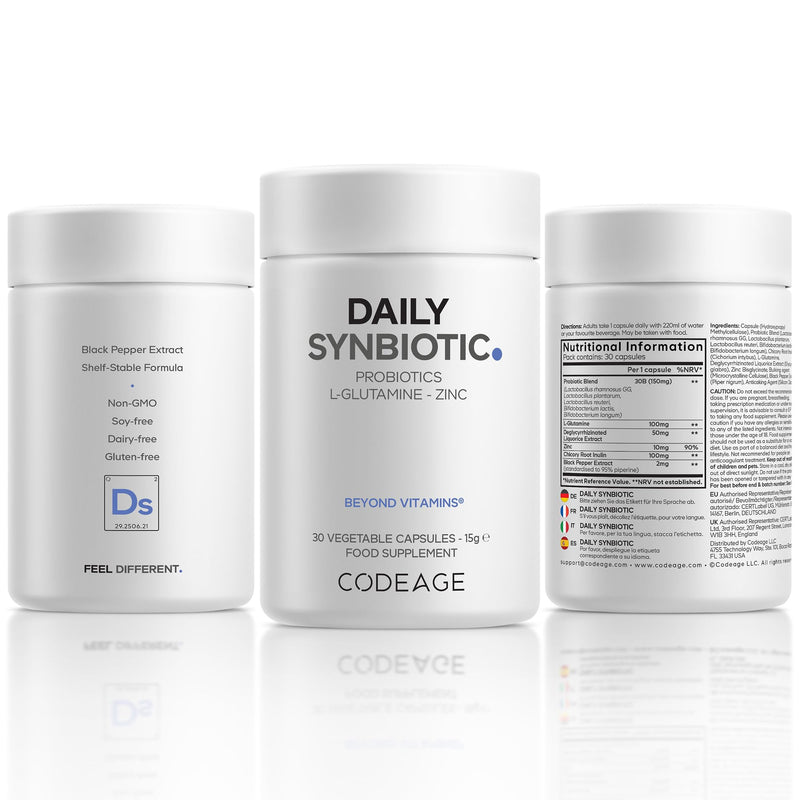 Codeage Daily Synbiotic Supplement - Prebiotics, Lactobacillus & Bifidobacterium Probiotics, L-Glutamine, Zinc L-Carnosine, DGL, Synbiotic Probiotic, BioPerine - Shelf-Stable - 30 Capsules