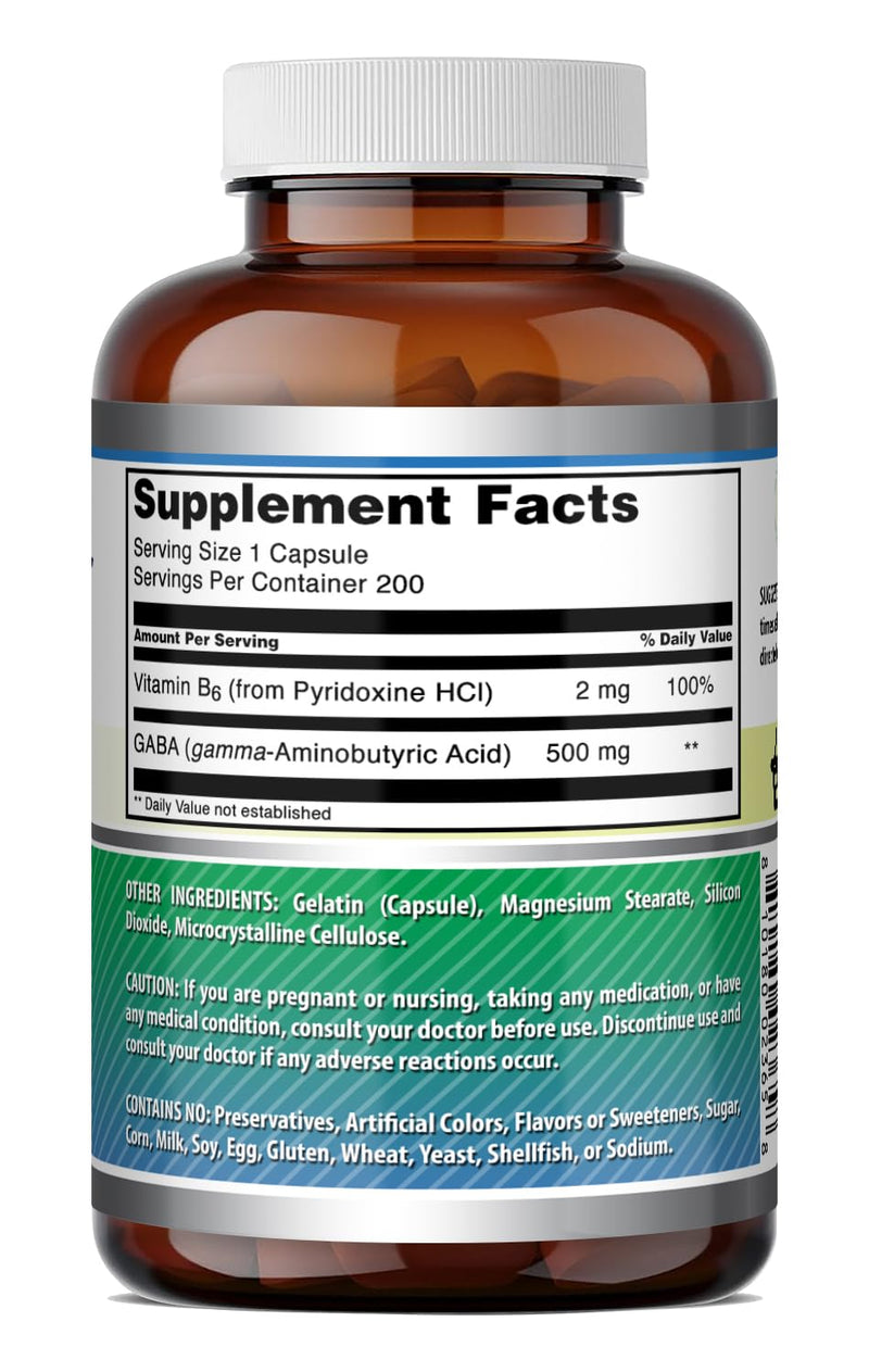 Amazing Formulas GABA with Vitamin B6 Supplement | 500 Mg Per Serving | 200 Capsules | Non-GMO | Gluten Free | Made in USA