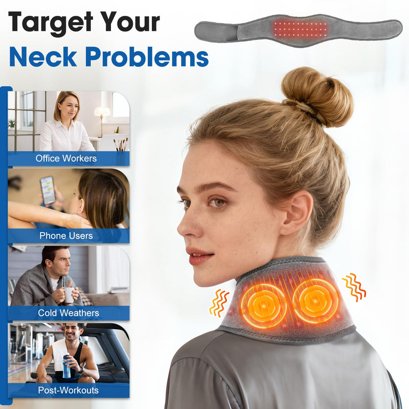 Cordless Neck Heating Pad for Pain, Neck Massager with 660nm 850nm Red Light, Neck Heating Pad for Pain Electric, Heated Neck Brace Wrap for Soreness Stiffness Pain Relief Gray