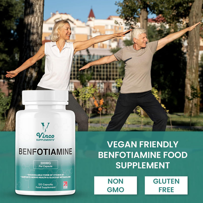 Vinco Benfotiamine 300mg - Vitamin B1 Thiamine High Strength for Heart & Kidney Support, 120 Vegan Capsules, Enhanced Cognitive Function, Energy & Antioxidants, Gluten & Allergen-Free - Made in UK