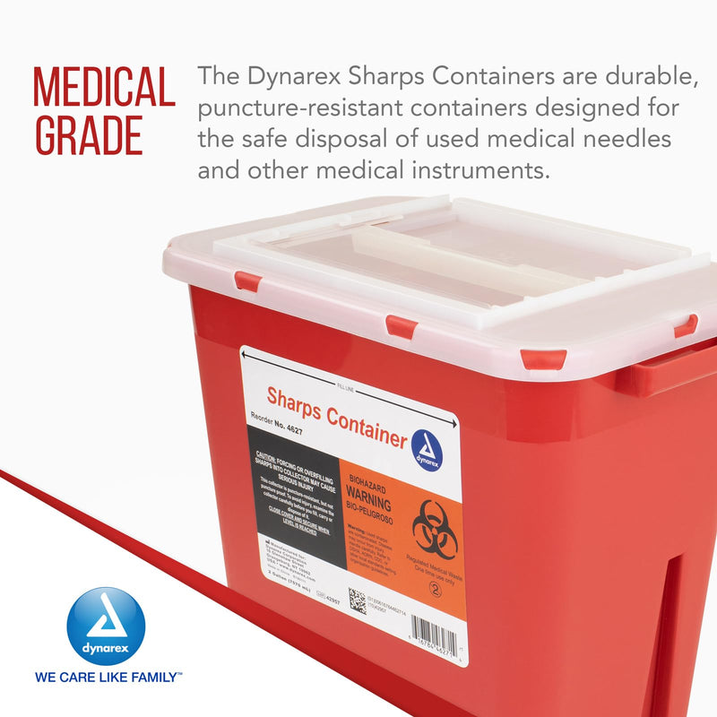 [Australia] - Dynarex Sharps Container, Provides a Safe Disposal of Medical Waste and Needles, Non-Sterile & Latex-Free, 2 Gallons, Made with Thermoplastic, Red with a Transparent Lid, 1 Dynarex Sharps Container 2 Gallon (Single) 