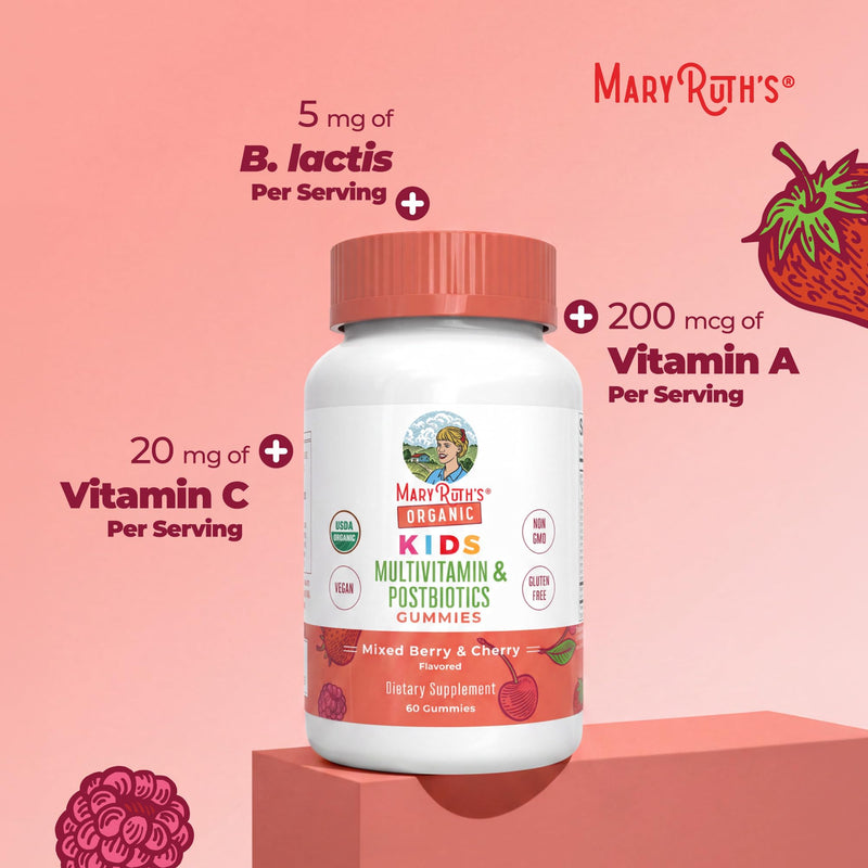 MARYRUTH'S USDA Organic Kids Multivitamin + Postbiotics Gummies, 60 Count | USDA Organic, Lactobacillus Rhamnosus, Vegan, Non-GMO, 60 Count