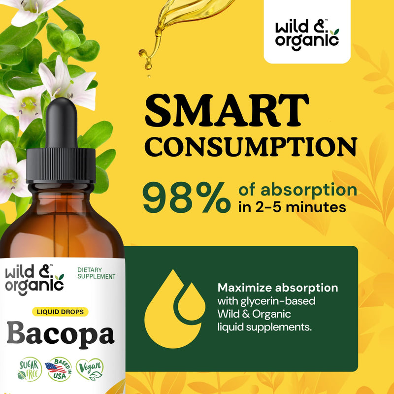[Australia] - Wild & Organic Bacopa Liquid Drops - Herbal Tincture for Brain Support - Vegan Supplements with Bacopa Monnieri Extract Liquid - 5-Month Supply - Sugar & Alcohol-Free - 4 fl oz 4 Fl Oz (Pack of 1) 