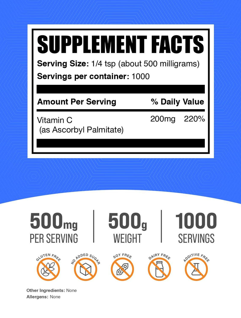 BulkSupplements.com Ascorbyl Palmitate Powder - Vitamin C Ester, Vitamin C Supplement - Gluten Free, 500mg per Serving, 500g (1.1 lbs) (Pack of 1) 17.64 Ounce (Pack of 1)