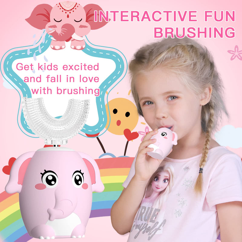 Kids Electric U Shaped Toothbrush Children Rechargeable Sonic Toothbrush with 4 Brush Heads Full Mouth 6 Cleaning Modes -(Age 8-15 Pink) Pink Elephant（ages 8-15）