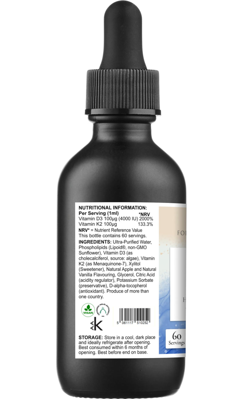 Liposomal Vitamin D3 + K2 MK-7, 4000IU, High Strength 100μg Vegan Liquid Drops, 60ml, Apple Vanilla Flavour, Bone and Immune Support, Forever & Always Supplements