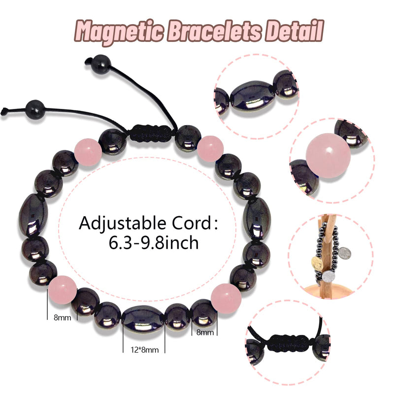 Hion 2 Pack Magnetic Therapy Anklet Bracelet Plus 1 Pack Magnetic Bracelet for Women/Men Pain Relief,Anxiety, Love Attraction, Magnetic Therapy Hematite Rose Quartz Gemstone Anklet Bracelet Set Magnetic Hematite & Rose Quartz