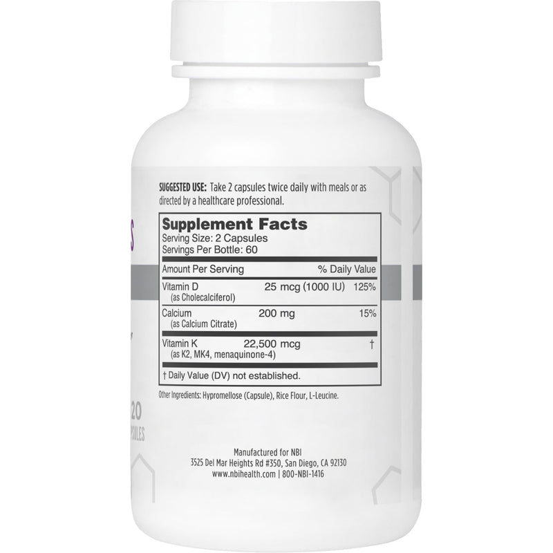 NBI Osteo-K Bone Support - Mini | Vitamin D & K Complex with Calcium Citrate Supplement | 45mg Vitamin K2 (MK4) for Strong Bone Health & Function | 120ct Veggie Capsules 120 Count (Pack of 1)