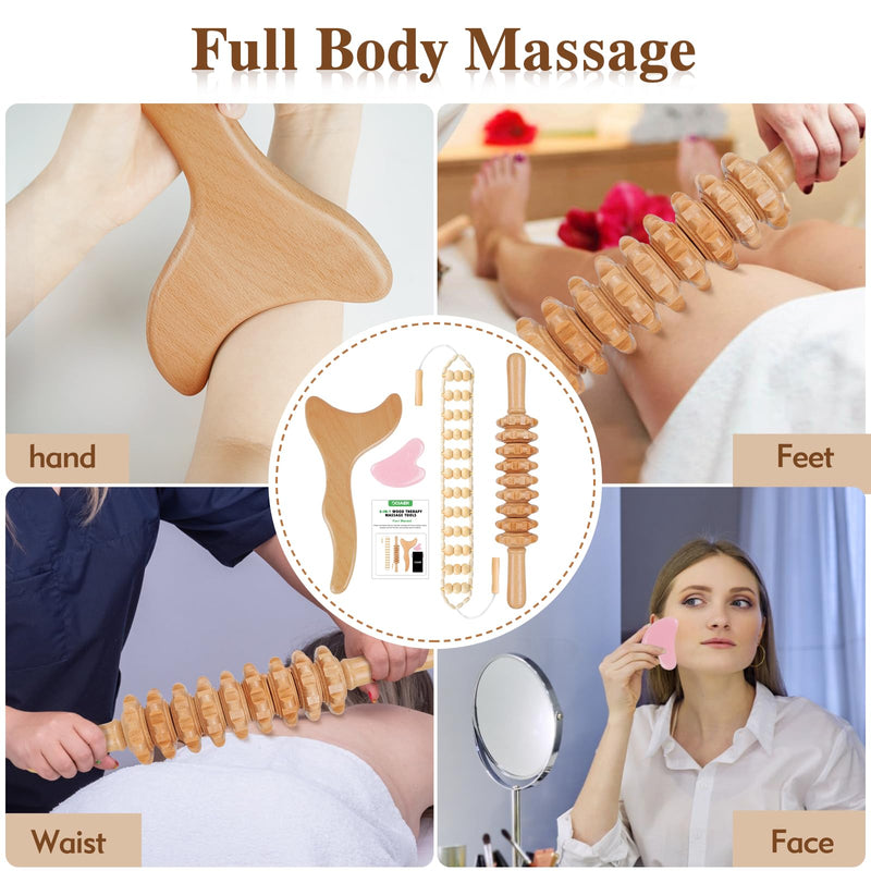 [Australia] - 4 in 1 Wood Therapy Massage Tools Lymphatic Drainage Massager Kit - Maderoterapia Kit - for Gua Sha Massage, Anti Cellulite, Body Sculpting, Get Rid of Cellulite 