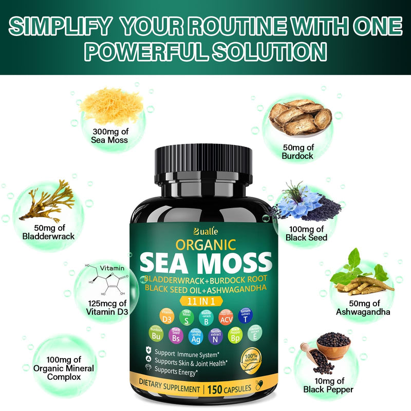 Sea Moss Capsules 11-in-1 for Energy Boost, Vegan | With Vitamin D3, ashwagandha, black seed, mineral complex, bladderwrack, and burdock root for daily wellness 150 Count
