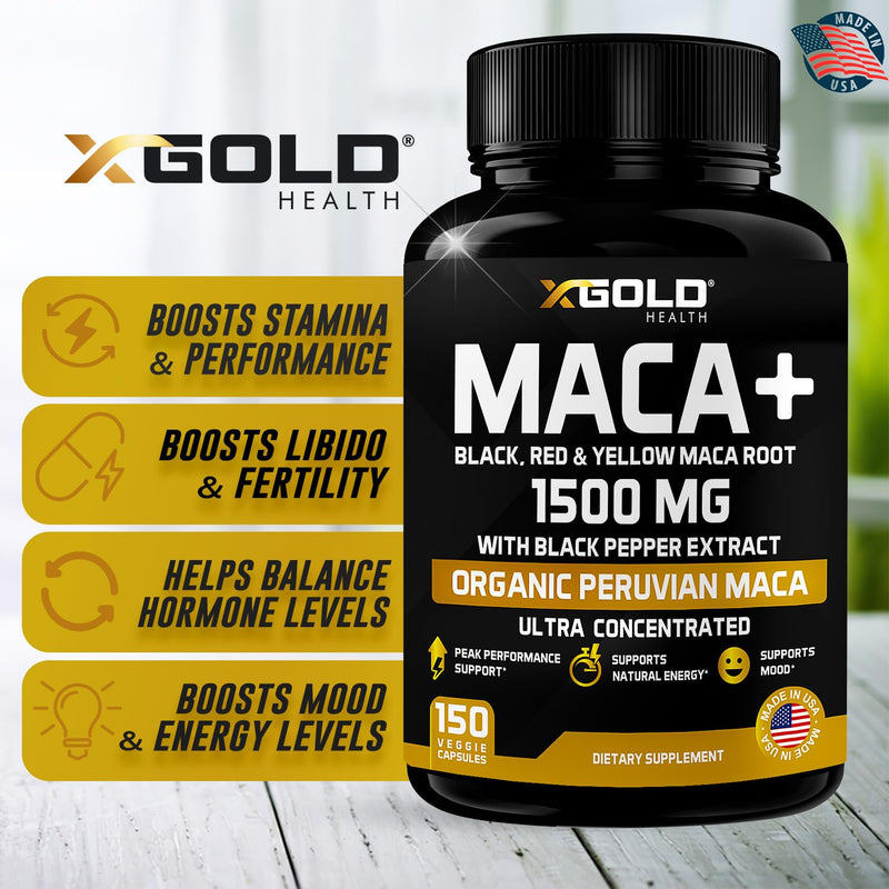 [Australia] - X Gold Health Organic Maca Root Powder Capsules 1500mg with Black | Red & Yellow Peruvian Maca Root Extract Gelatinized, Energy & Mood Supplement for Men & Women + Black Pepper for Best Benefits 