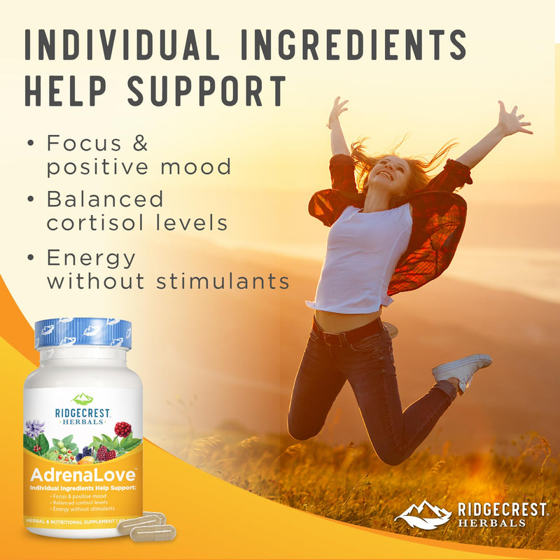 [Australia] - RidgeCrest Herbals Adrenal Fatigue Fighter (New Name Soon: AdrenaLove), Supplement with Ashwagandha, L-Theanine, Ginseng, Schisandra, Taurine, Holy Basil, Adaptogens, B Vitamins (60 Caps, 30 Serv) 