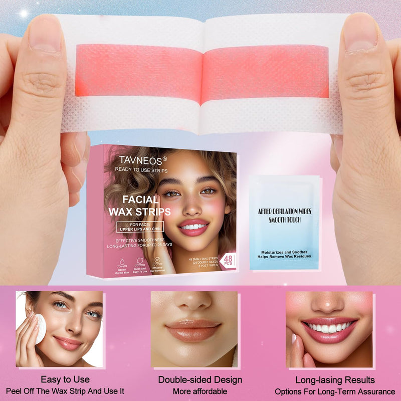 [Australia] - 48 PCS Facial Wax Strips with Rose Extract - Gentle Hair Removal for Face & Body for Women - At Home Waxing Kit with 6 Calming Oil Wipes for Sensitive Skin, Eyebrows, Upper Lip, Bikini Rose pink 1 Count (Pack of 48) 