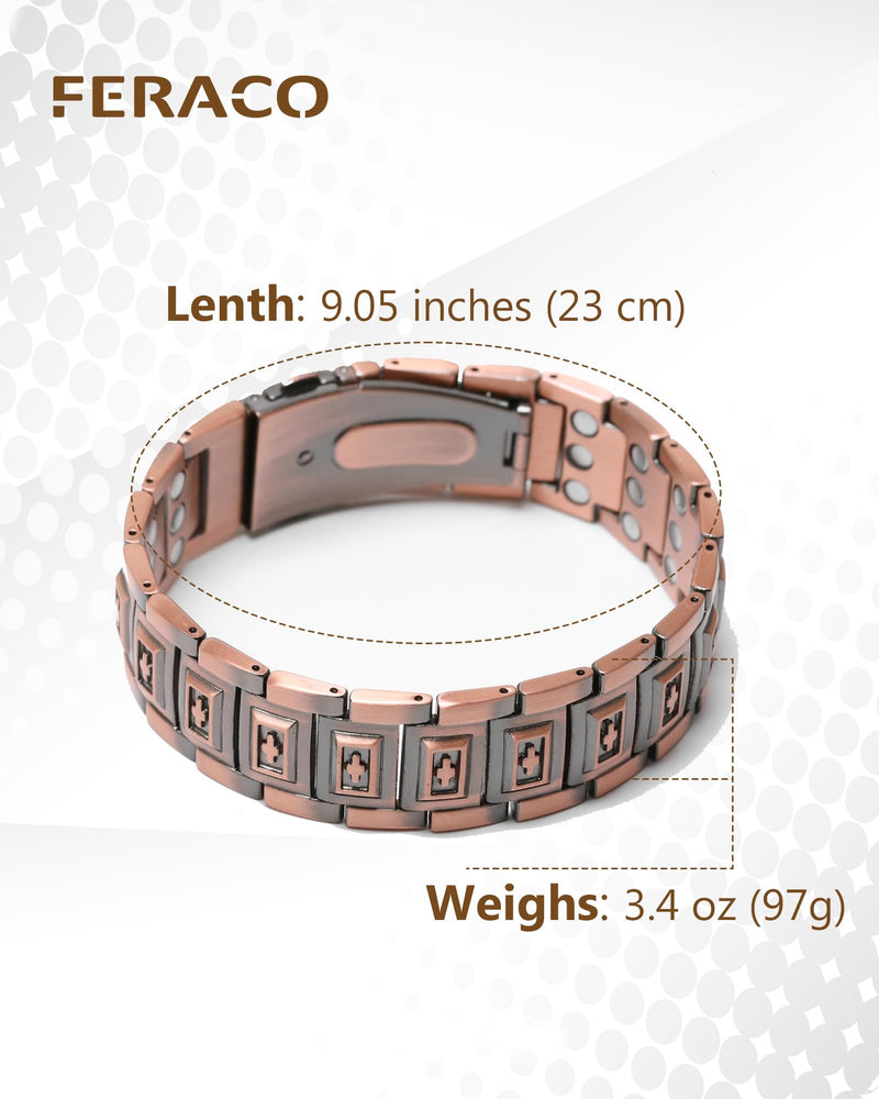 [Australia] - Feraco Copper Bracelet for Men 3X Strength,Magnetic Therapy Bracelet Copper Jewelry with Powerful 3800 Gauss Magnets Copper Cross Bracelet 