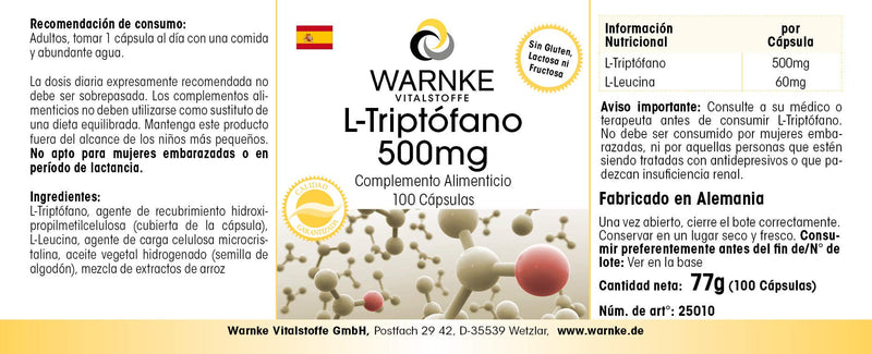 [Australia] - L-Tryptophan 500mg capsules - 100 capsules - high dosage & vegan - amino acid | Warnke vital substances - German pharmacy quality 