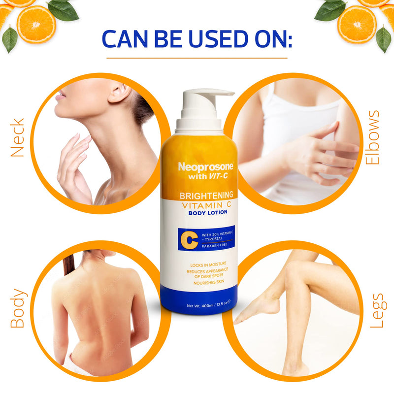 Neoprosone Brightening Body Lotion - 13.5 Fl Oz / 400ml - Formulated to Fade Dark Spots on Elbows, Knees, Neck, Body, and Intimate Parts, with Tyrostat, Shea Butter, Vitamin C, Vitamin E