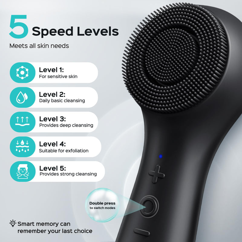 COSLUS Face Scrubber Facial Cleansing Brush: 2 in 1 Spin and Vibration Patented Tech, Silicone Electric Exfoliator Scrubber with Automatic Foaming, Waterproof Face Cleanser Brush for Men and Women Black
