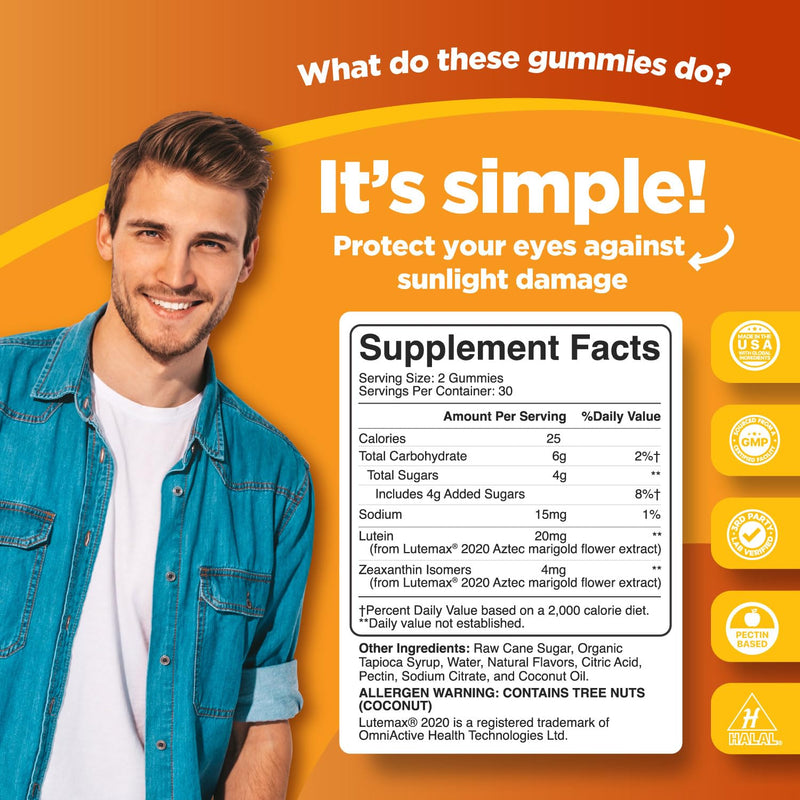[Australia] - Lutein & Zeaxanthin Eye Health Supplement for Adults - Delicious Vegan Eye Vitamins Lutein and Zeaxanthin Gummies - Lutein 20mg Per Serving for Vision Clarity Dry Eye Relief and Blue Light Support Adult 