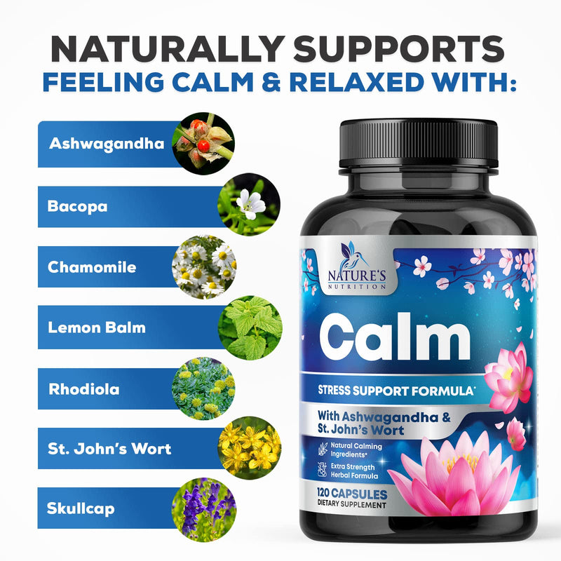 [Australia] - Stress Support Supplements for Mood & Calming with Ashwagandha, GABA, Magnesium, 5-HTP, L-Theanine & B Vitamins, Natural Immune & Stress Support to Relax, Focus, Unwind - Vegan, Non-GMO - 120 Capsules 120 Count (Pack of 1) 