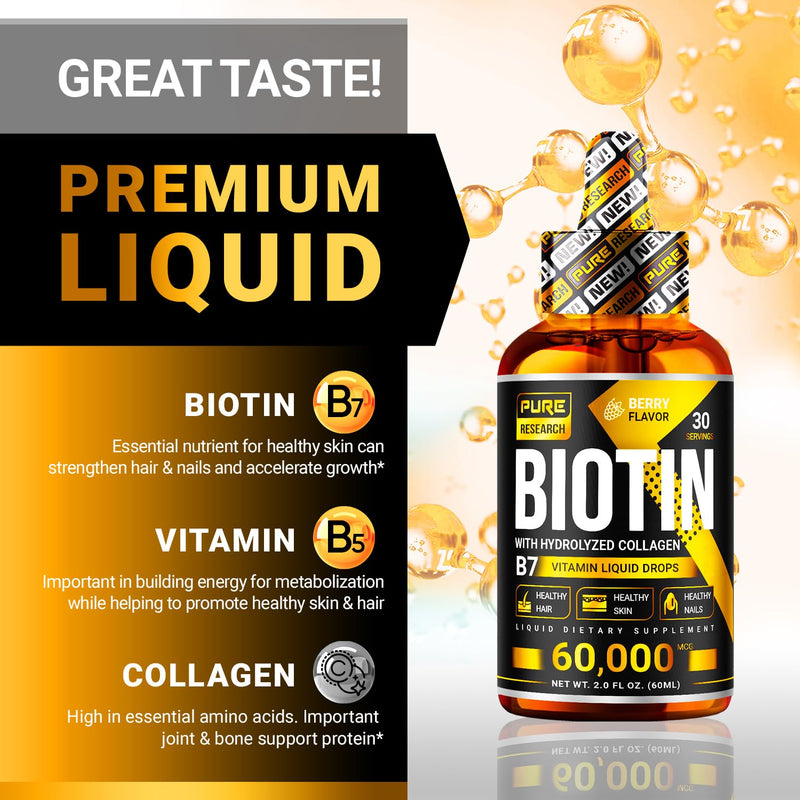 [Australia] - PURE RESEARCH Liquid Biotin & Collagen Hair Growth Drops 60,000mcg - Biotin and Liquid Collagen Supplement for Men & Women - Glowing Skin Support, Healthy Hair & Nail Growth - 2oz 2 Fl Oz (Pack of 1) 