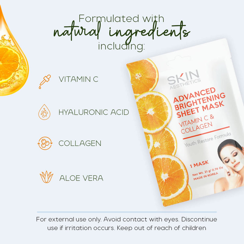 Vitamin C & Collagen Sheet Face Mask - Reduces Wrinkles & Age Spots, Hydrating - Dermatologist Tested Korean Skincare - Clean Beauty, Cruelty-Free - 5 Masks Vitamin C & Collagen