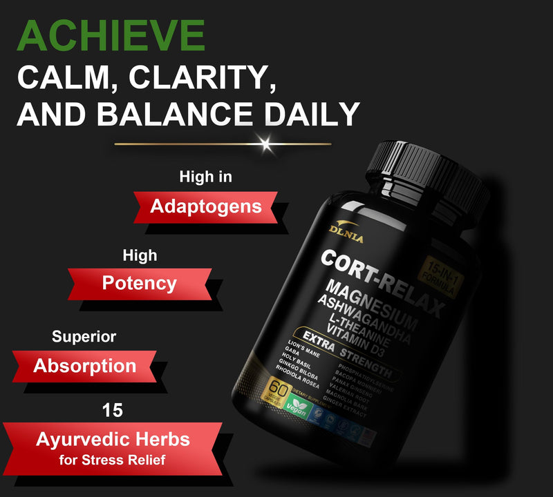[Australia] - Super Calm Cortisol Supplement with Magnesium Glycinate, Ashwagandha KSM-66, L-Theanine, Phosphatidylserine, Ginkgo Biloba & Lions Mane for Calm, Focus, Mental Clarity, Relaxation, Sleep, Energy 