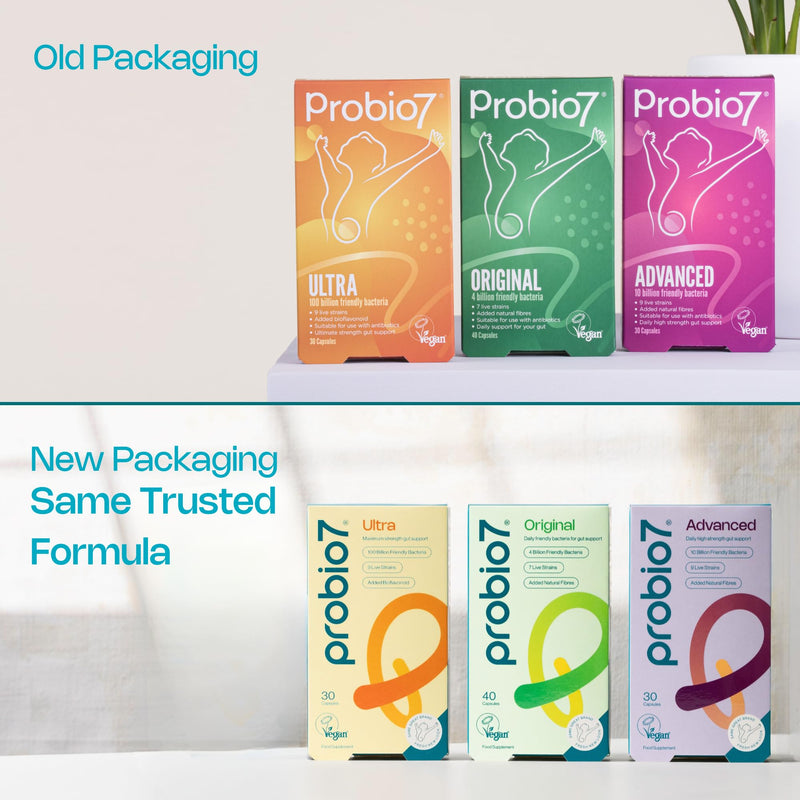 Probio7 Original – Gentle Daily Gut Support | Vegan Approved | with 4 Billion CFU, 7 Live Bacterial Strains + Natural Fibre | Digestive Health Supplements, Probiotics for Gut Health, 200 Capsules
