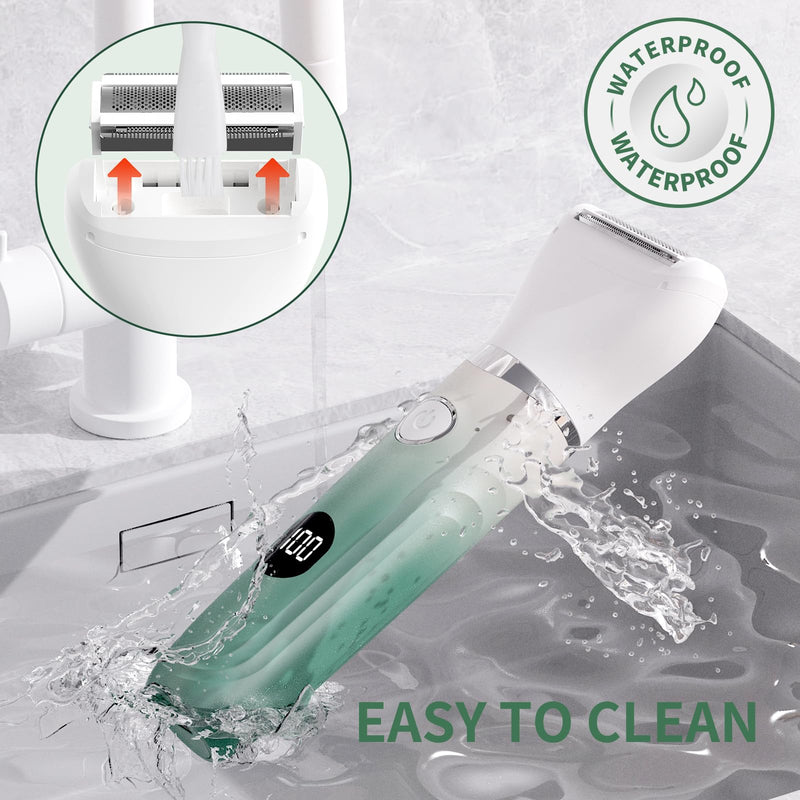 Bikini Trimmer for Women, 3-in-1 Electric Razors for Women, Waterproof Bikini Shaver Replaceable Facial, Body Trimmer for Pubic Hair, Painless Razor for Hair Trimmer Gifts for Her, Mint Green