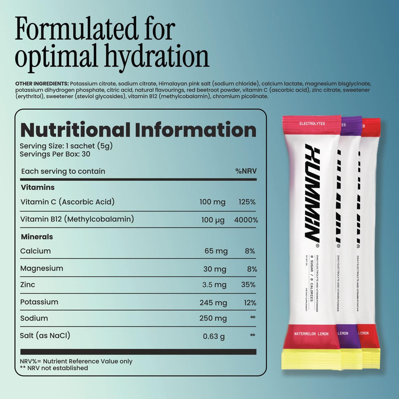 Hummin® Electrolyte Powder Sachets | Zero Sugar | Zero Calories | 30 Sachets | 6 Electrolytes | Hydration Powder with Vitamin B12, C & Zinc | Variety Pack