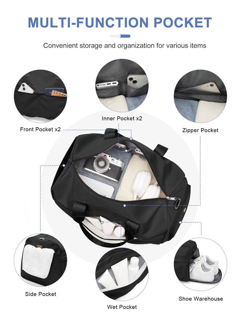 Gym Bag for Women with Shoe Compartment, Sport Travel Duffel Bag for Men | Waterproof Weekender Overnight Carry on Duffle Bag with Trolley Sleeve for Traveling, Yoga, Gym, Airplane -Black A-Black