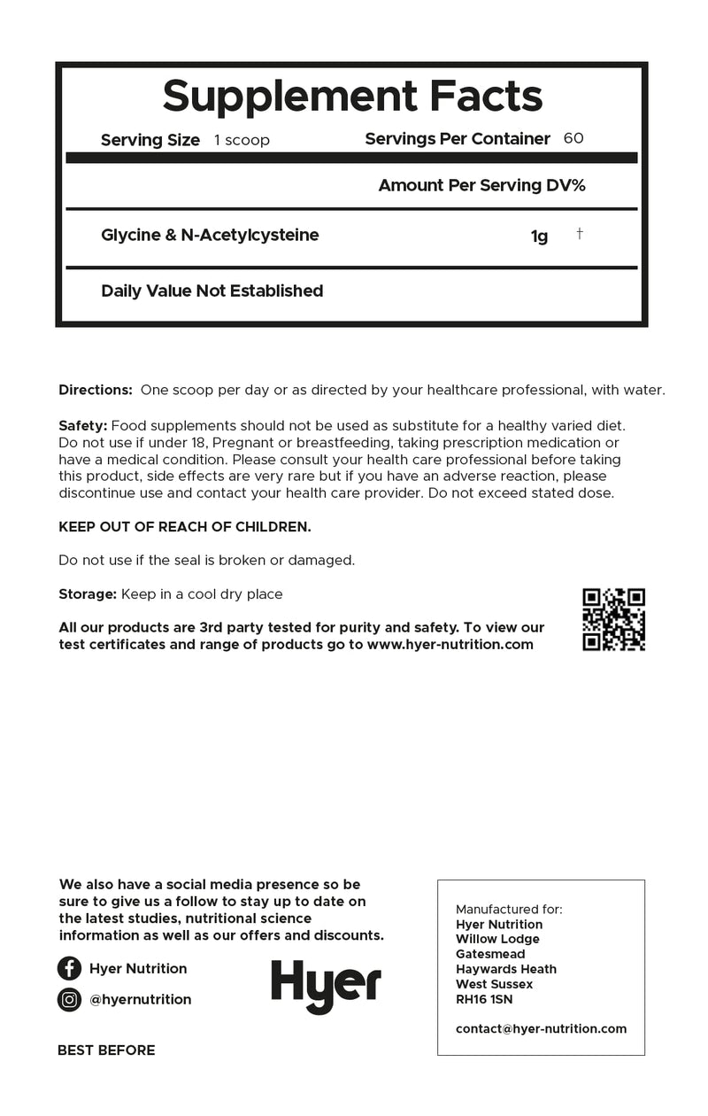 Hyer GlyNAC N-Acetylcysteine & Glycine 60g Premixed Stack Glutathione Level Boost Supplement Powder Third Party Tested High Purity for Healthy Ageing & Oxidative Stress Reduction 60 Servings