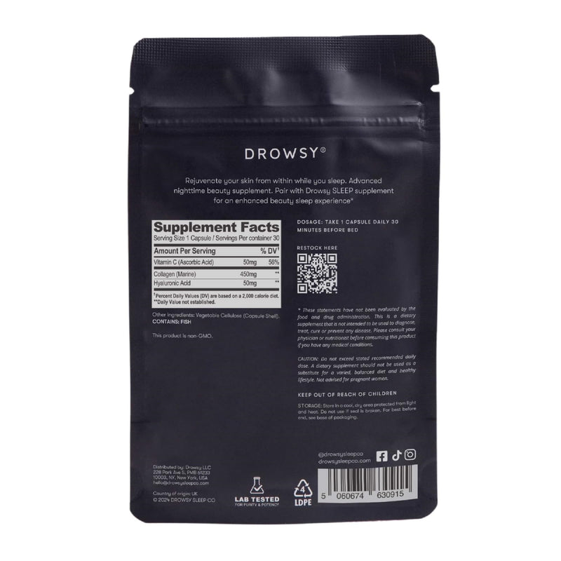 Drowsy Beauty – Nighttime Skin Hydration & Wellness Supplement with Marine Collagen, Hyaluronic Acid & Vitamin C – Supports Skin Vitality & Relaxation