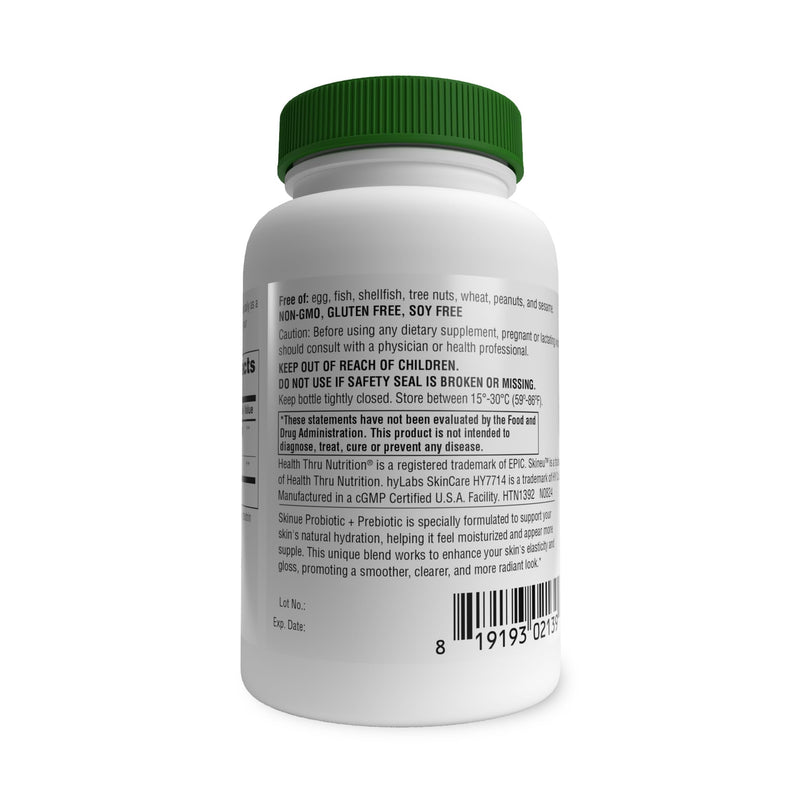 Health Thru Nutrition Skineu - Skin Probiotic + Prebiotic | Supports Skin Hydration & Elasticity | Clinically Studied Ingredients |3rd Party Tested, Non-GMO & Gluten-Free | 30 VegeCapsules