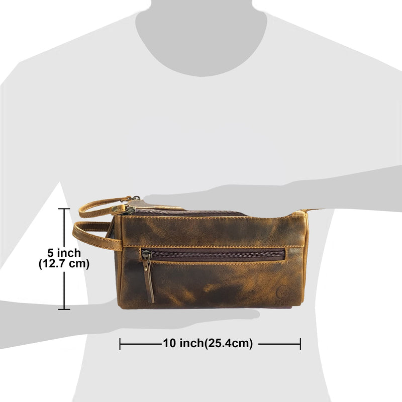 Rustic Town Leather Wash Bag for Men - Travel Toiletry Bag - Shaving Dopp Kit Toiletries Organizer - Leather Makeup Bag for Women | Main Compartment, Interior & Exterior Zip Pockets, YKK Zippers, Waterproof Lining; TSA Carry-On; Gifts for Him, Brown