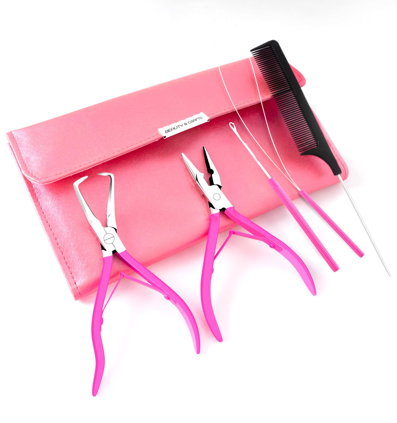 [Australia] - Beauty & Crafts Hair Extension Tools- Stainless Steel Pliers Set for Micro Beads- 1 Crochet Needle 1 Pulling Hook with Tail Comb- Micro Links Tool Kit with Leather Pouch- (Pink) Pink 
