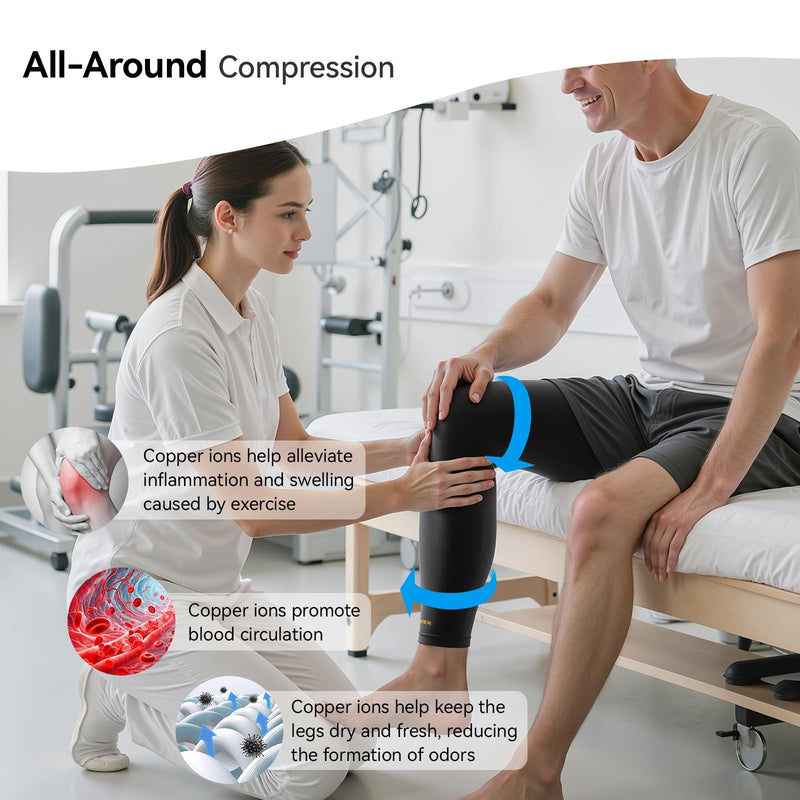 Copper Leg Compression Sleeve for Men & Women [360° Full Compression & Copper Infused] Knee Stabilizer Brace for Meniscus Tear, ACL, MCL, Arthritis & Joint Pain Relief, Calf & Thigh Support for Running Black S/M
