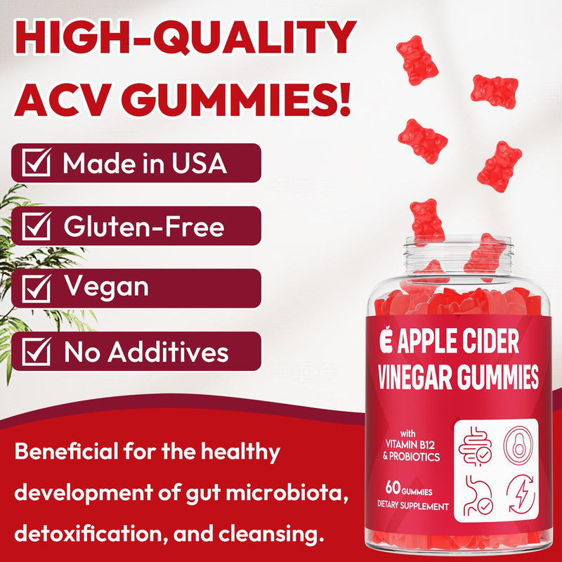Apple Cider Vinegar Gummies 2000mg, ACV Gummies with Mother, 120 Counts | Keto ACV Gummies with Probiotics, Keto Support & B12, ACV for Digestion, Metabolism, Detox & Cleanse - Vegan, 2 Bottle 60 Count (Pack of 2)