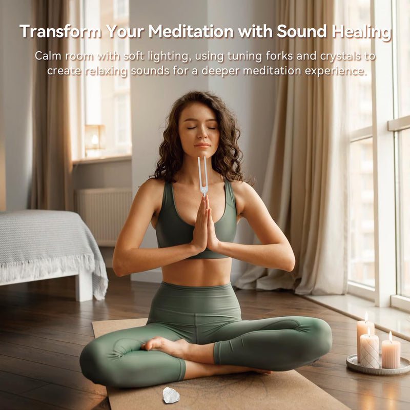 [Australia] - Tuning Forks for Healing Set with Crystals - 128Hz, 256Hz, 512Hz for Sound Healing, Meditation Accessories & Yoga, Include Obsidian, Amethyst, Clear Quartz, Gift Box Silvery 