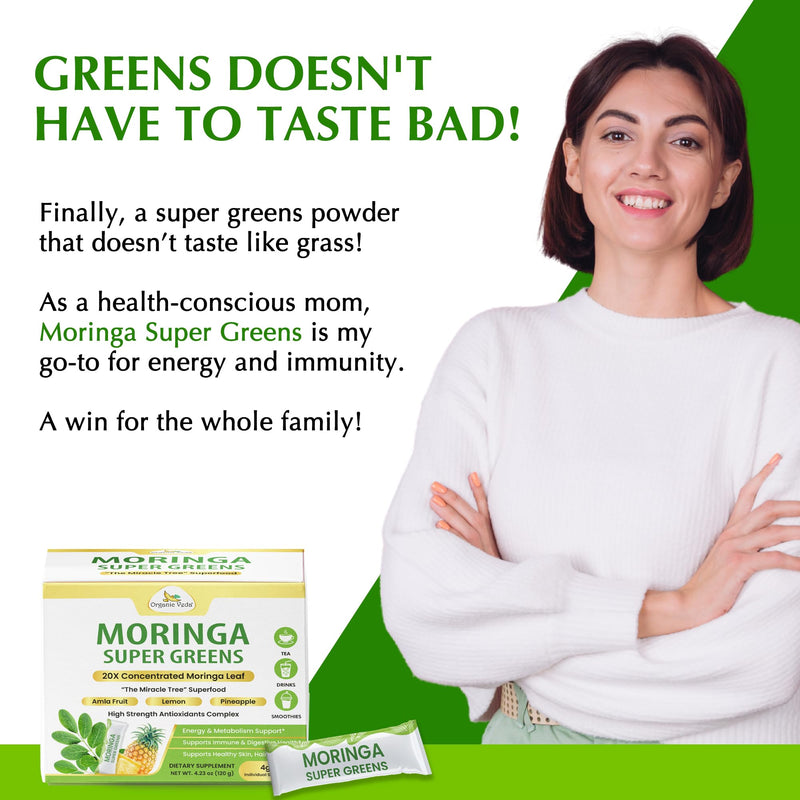 Organic Veda Moringa Powder Super Greens - Spirulina, Wheatgrass, Green Superfood Powder 20 X Concentrated Moringa Leaf Extract Antioxidants, Energy & Immunity Support - 30 Individual Serving Sachets