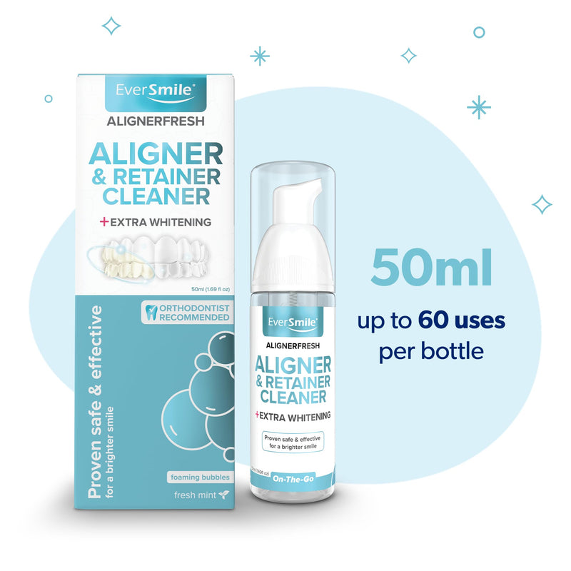 EverSmile AlignerFresh Extra Whitening Foam – Cleaner Compatible w/Invisalign and All Clear Aligners and Retainers – Eliminates Bacteria, Whitens Teeth, Fights Bad Breath – 50ml (1 Pack) Extra Whitening Fresh Mint 50ml 1-pack