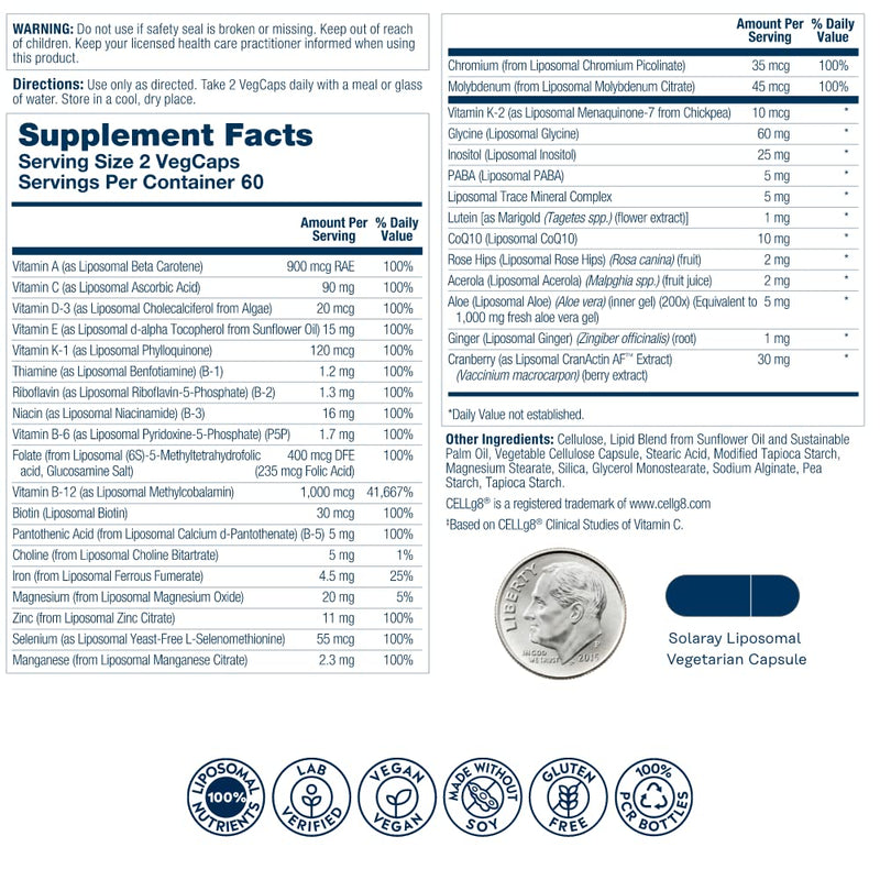 SOLARAY Liposomal Multivitamin Women 50+, 120 VegCaps | Women's 50+ Multivitamin, Enhanced Liposomal Absorption, Vitamins, Minerals, CoQ10 & CranActin, 60 Servings, Vegan 120 Count (Pack of 1) Women's 50+