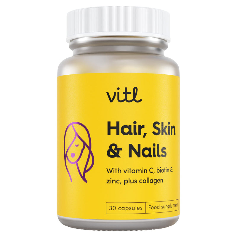 VITL Hair, Skin & Nails + Collagen, A dose of Classic Complexion Heroes Such as Collagen, Vitamin E, Biotin and Zinc | 30 Capsules