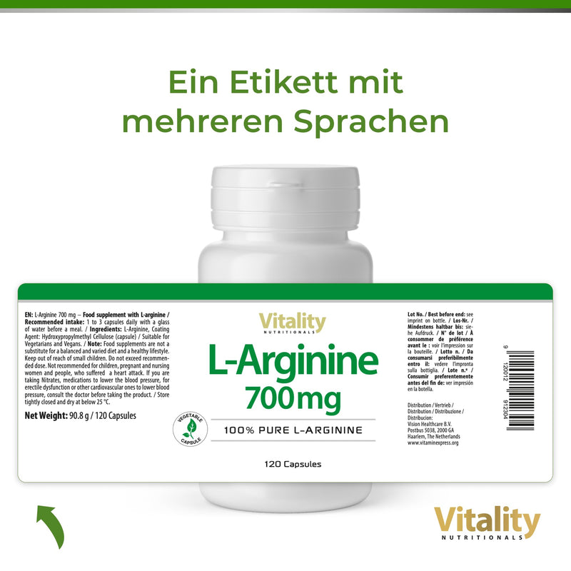 [Australia] - L-arginine high dose 700 mg. Essential amino acid 100% natural from fermentation (120 capsules) High bioavailability & bioactivity. Premium L-Arginine Vitality Nutritionals by VitaminExpress 