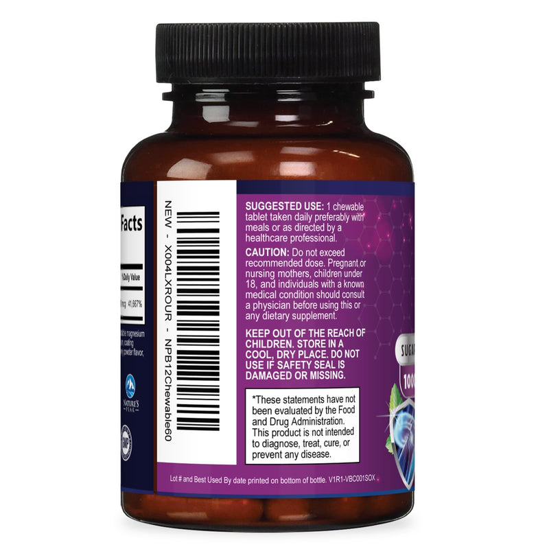 Vitamin B12 Complex (Methylcobalamin) 1000 mcg - 3X Strength B 12 Vitamins Supplement for Cellular Energy Metabolism, Nature's Nervous System Support, Bottled USA, Berry Flavor - 60 Chewable Tablets 60 Count (Pack of 1)