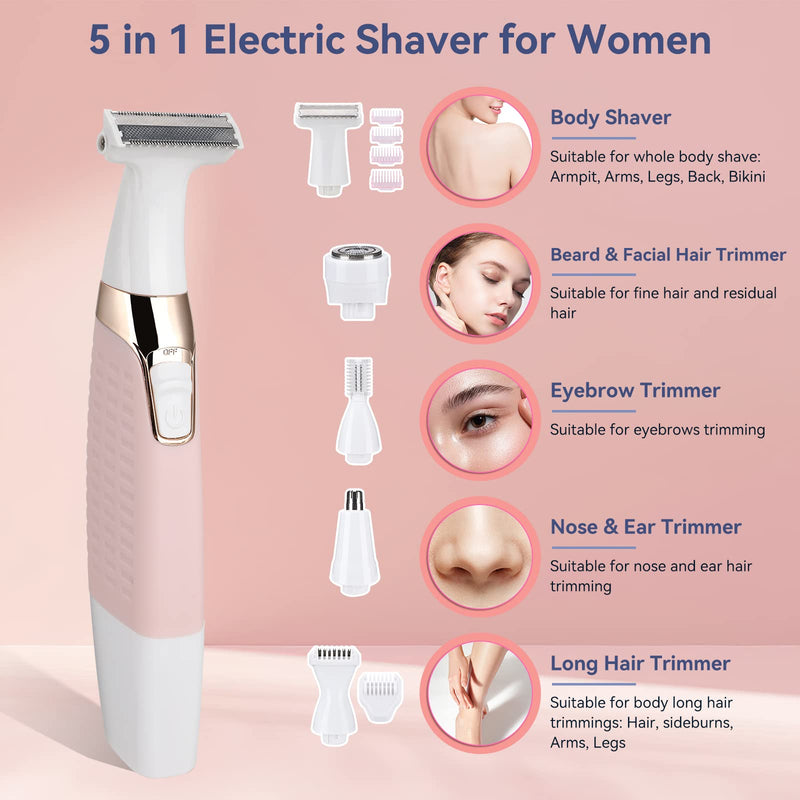 [Australia] - Face Razors for Women, BestMal Bikini Trimmer 5 in 1 Wet/Dry Electric Shaver Razors for Face Nose Eyebrow Beard Mustache Arm Leg Armpit Pubic Area Painless Rechargeable Facial Hair Removal for Women 