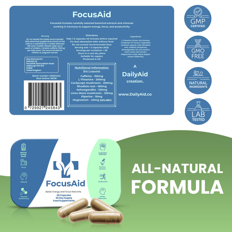 Focus Aid’s Nootropic Brain Supplement – Focus Supplement with Ashwagandha for Brain Fog, Support Cognitive Function, Lion's Mane Improves Energy Levels, Memory Function & Concentration |1000Mg