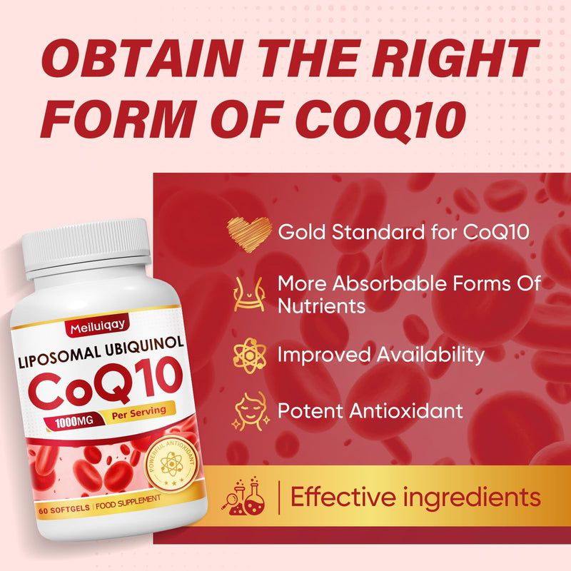 CoQ10 Supplement 1000 mg, 60 Softgels, Liposomal Ubiquinol Vegan Supplement-Heart & Energy Support, High Strength Coenzyme Q10, Non-GMO & Gluten Free