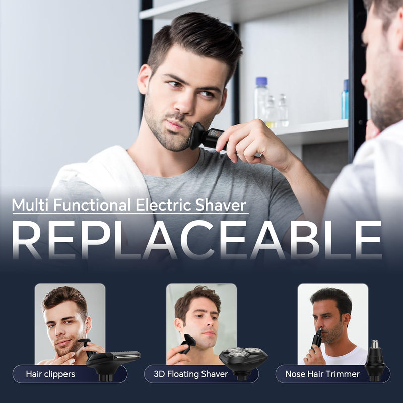 [Australia] - Electric Razor for Men, Rechargeable Electric Shaver for Men, Waterproof 3D Rotary Shaving, Wet/Dry Cordless 3-in-1 Electric Shaver with Beard Trimmer, Sideburn & Nose Hair Groomer 