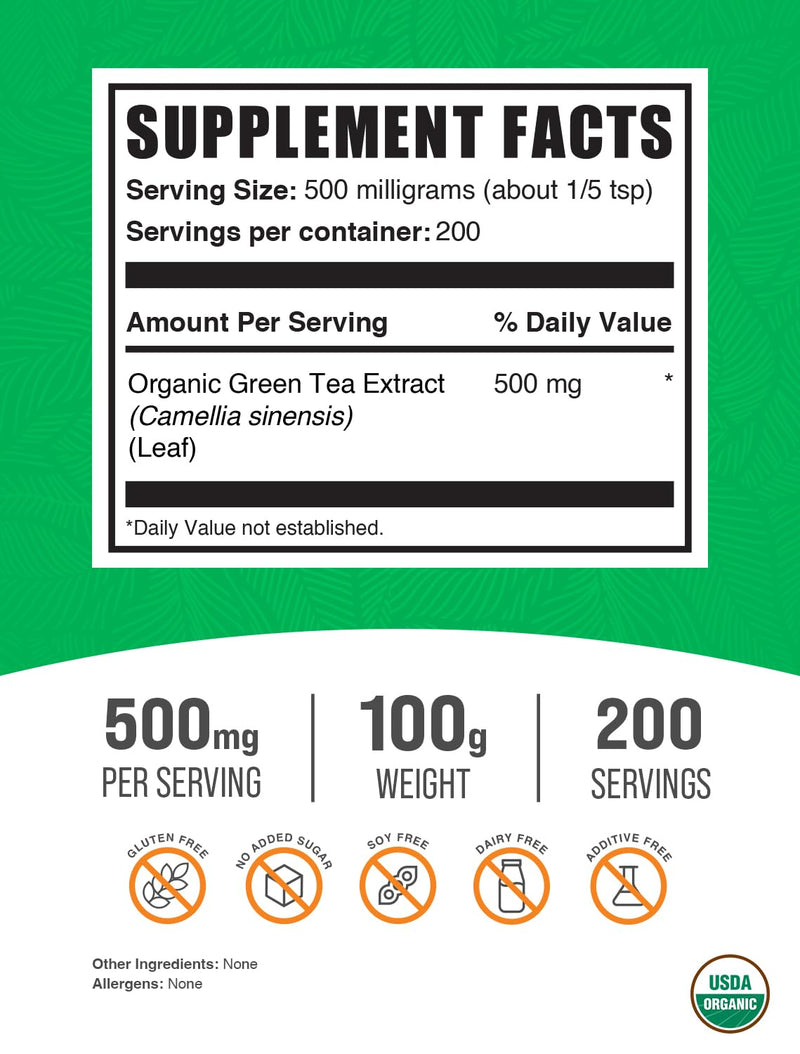 BulkSupplements.com Organic Green Tea Extract Powder - Herbal Supplement, Green Tea Supplement, Green Tea Powder - Vegan & Gluten Free, 500mg per Serving, 100g (3.5 oz) (Pack of 1) 3.5 Ounce (Pack of 1)